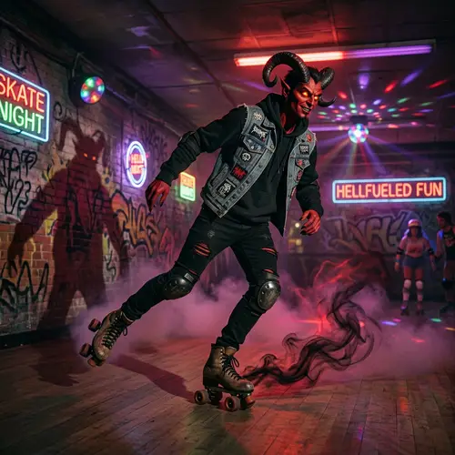 Demon Roller Skating: Graceful Mischief in Dimly Lit Environment