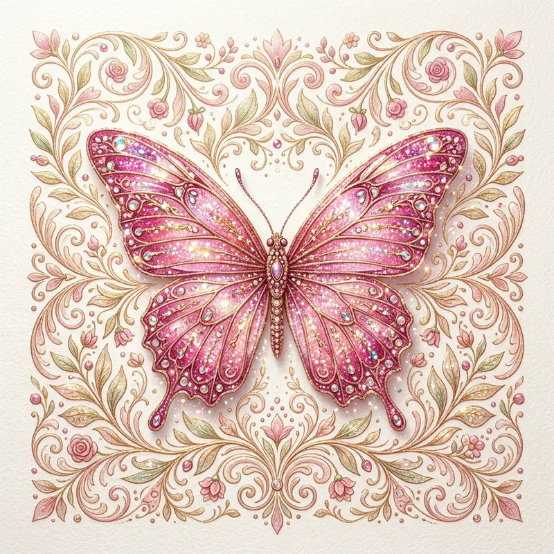 Pink Glitter Butterfly Design with Nature Elements