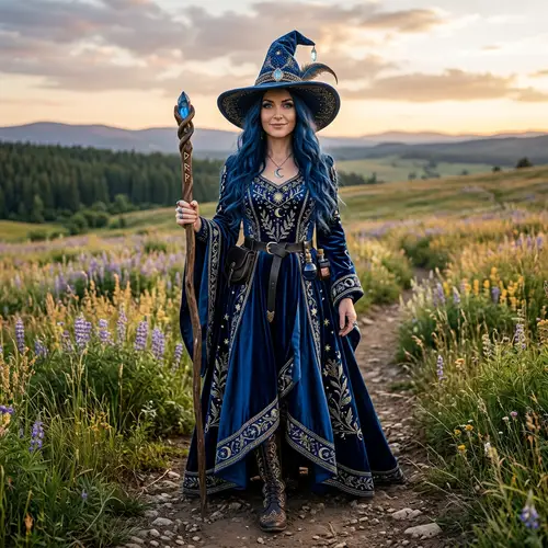 Adult Witch with Long Blue Hair and Eyes | Detailed Blue Outfit