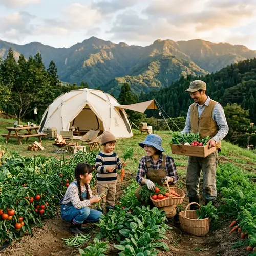 Japanese Family Harvesting Vegetables at Campsite | Country-style Attire