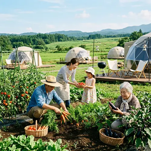Japanese Family Glamping and Harvesting Vegetables at Campsite Farm
