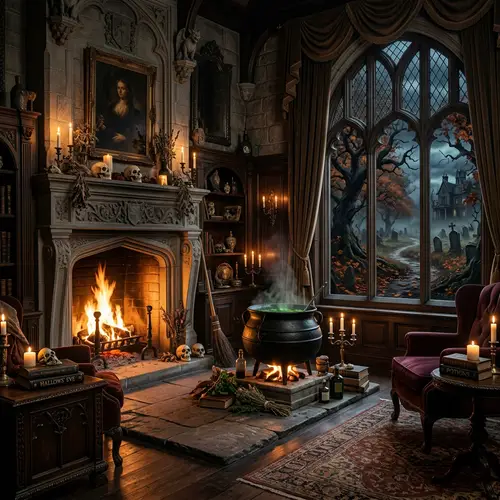 Luxury Spooky House with Cauldron & Fall Scene