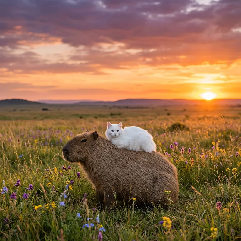 Serene Sunset Scene with White Cat and Capybara