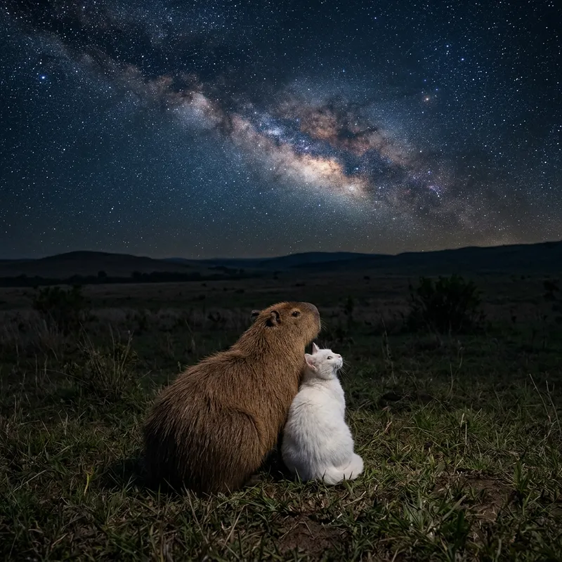 Gazing at Starry Night Sky: White Cat and Capybara's Love