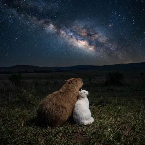 White Cat and Capybara Under Starry Night Sky | Love Story