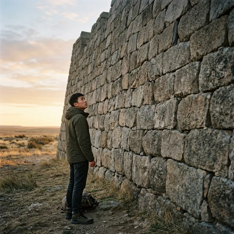 Asian Man in Awe at Stone Wall - Frustration Visible