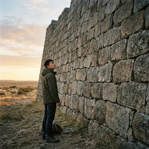 Asian Male Standing in Front of Stone Wall - Scene of Awe and Frustration