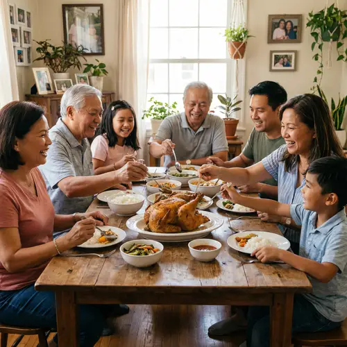 Joyful Filipino Family Enjoys Roasted Chicken Together