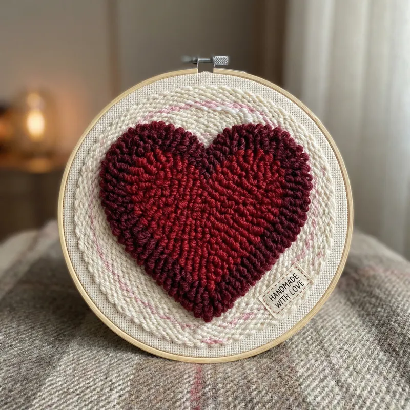 Handcrafted Valentine's Day Punch Needle Art - Red Heart Design Handcrafted Valentine's Day Punch Needle Art - Red Heart Design