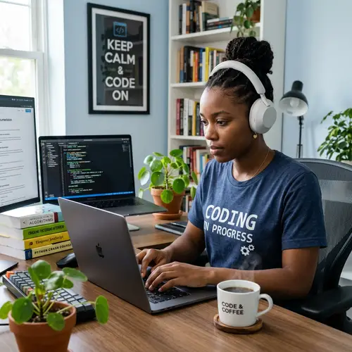Young Black Woman Coding with Determination | Tech Enthusiast