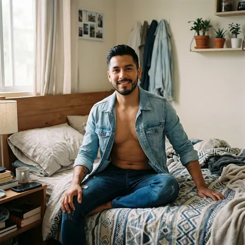 Latino Man in Bedroom: Relaxed & Stylish Look