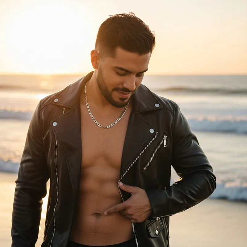 Latino Man at Beach: Style & Confidence