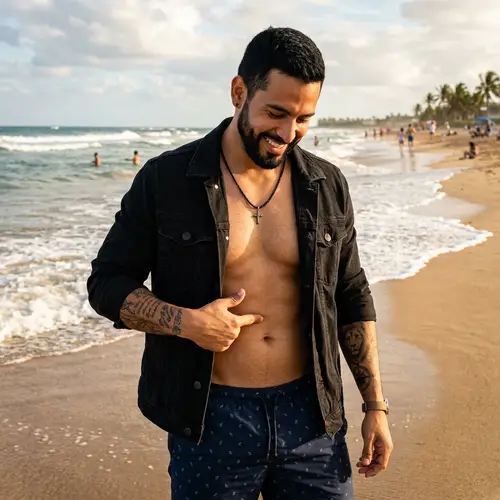 Latino Man at Beach: Style & Confidence