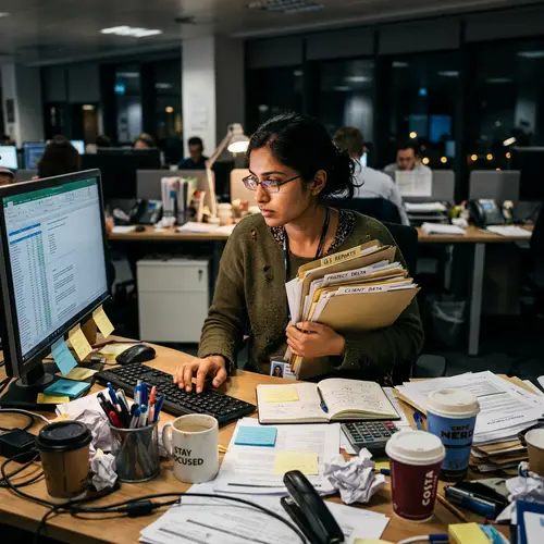 Busy South Asian Female Office Worker Surrounded by Clutter