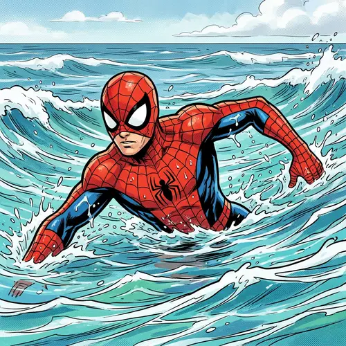 Comic-Styled Superhero Swimming in Crystalline Sea