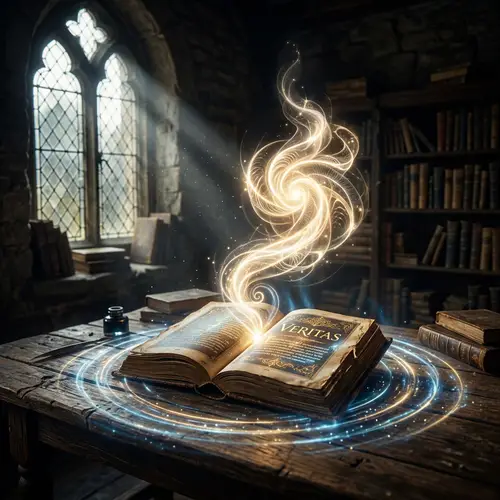 Surreal Truth Visualization: Luminescent Entity Emerging from Ancient Book