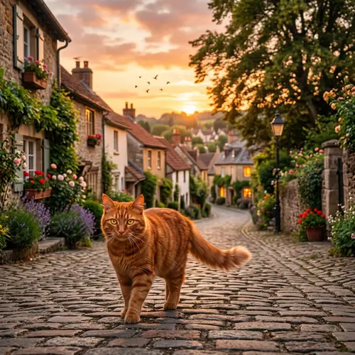 Vibrant Red Cat Strolling Through Quaint Neighborhood Street