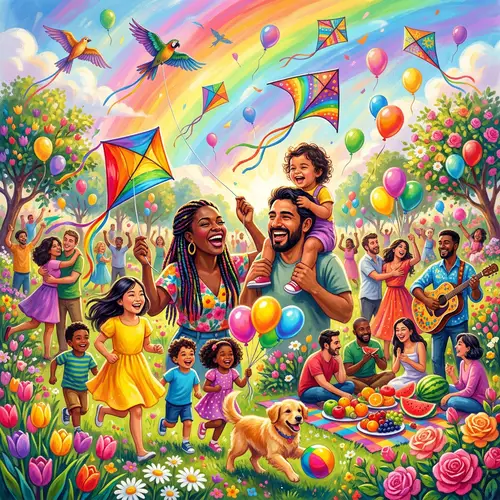 Vibrant Happiness: Joyful Scene with Diverse People in Colorful Park