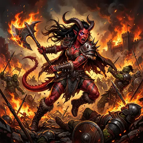 Fierce Female Tiefling Barbarian in Intense Battle Scene