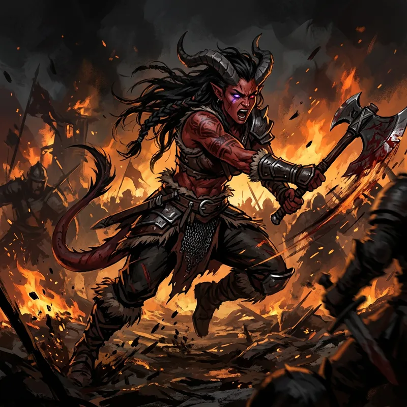 Hispanic Female Tiefling Barbarian: Vibrant Fiery Battle Art