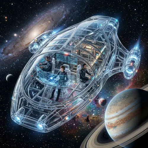 Futuristic Glass Spaceship Floating in Outer Space