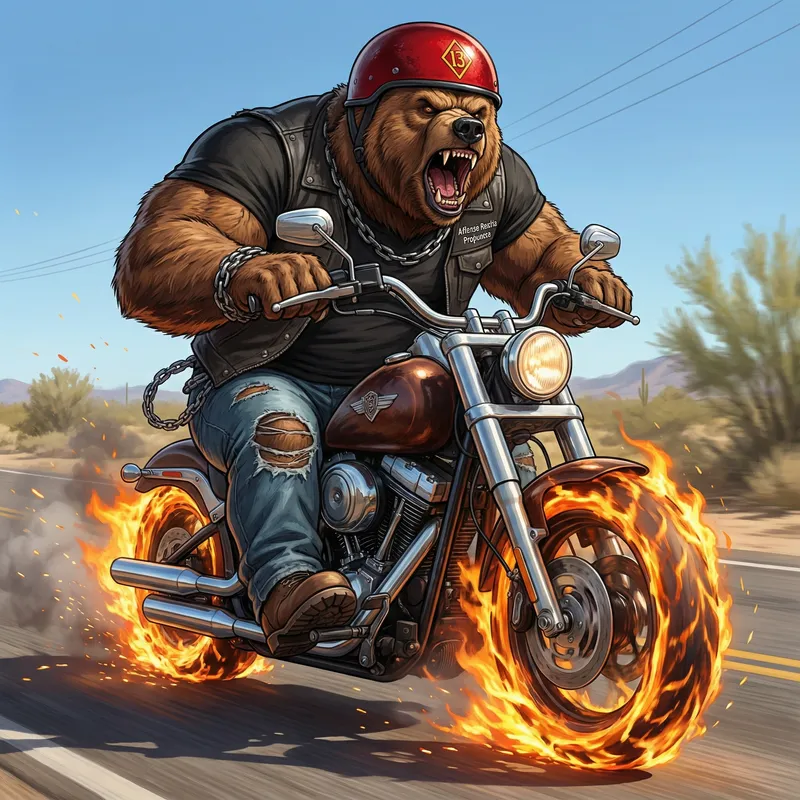 Angry Bodybuilder Bear on Fire Motorcycle