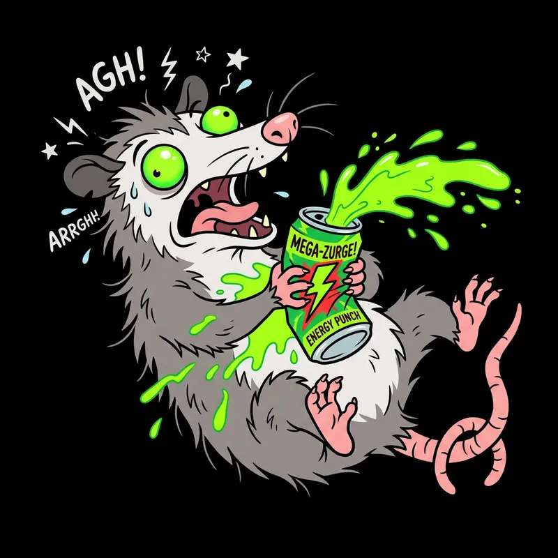 Comedic Possum Caricature: Mountain Dew Drink Overdose Drama