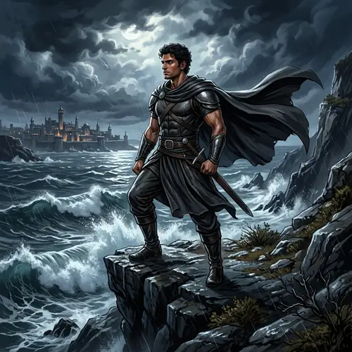 Heroic South Asian Figure Overlooking Stormy Sea | City Skyline Await