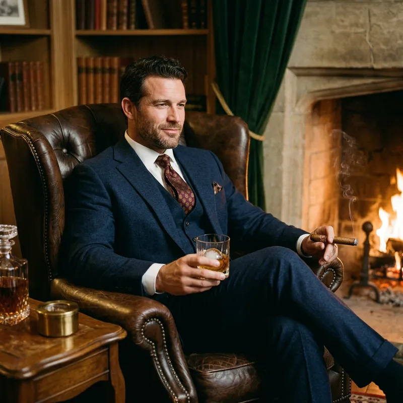 Confident Man in Tailored Suit with Bourbon and Cigar