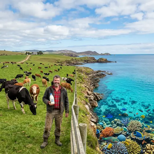 Seaside Pastoral Scene with Cows and Man Holding Milk Bottle