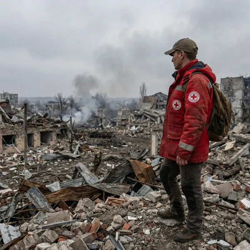 Red Cross Rescuer Facing City Ruin Red Cross Rescuer Facing City Ruin