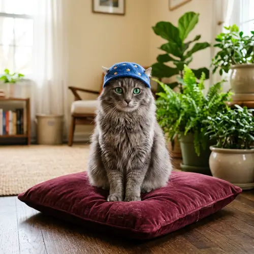 Adorable Cat with Emerald Eyes in Blue Head Cap