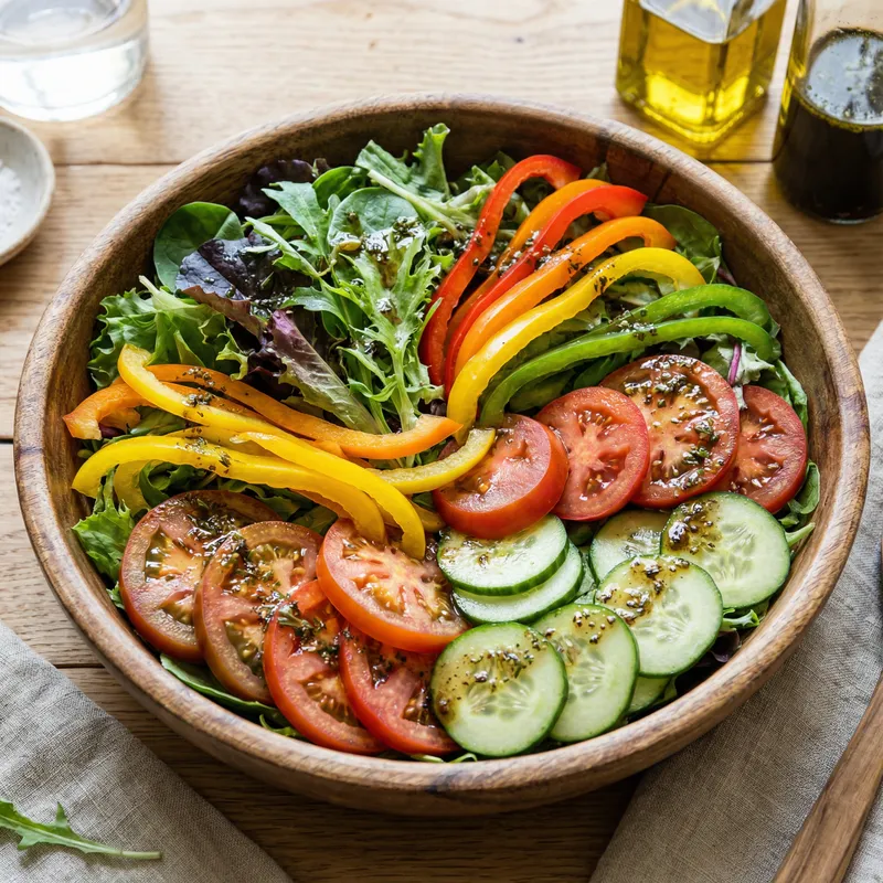 Aesthetic Vegetable Salad in Wooden Bowl with Vibrant Dressing