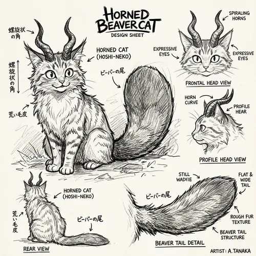 Unique Cat with Spiraling Horns and Beaver-like Tail