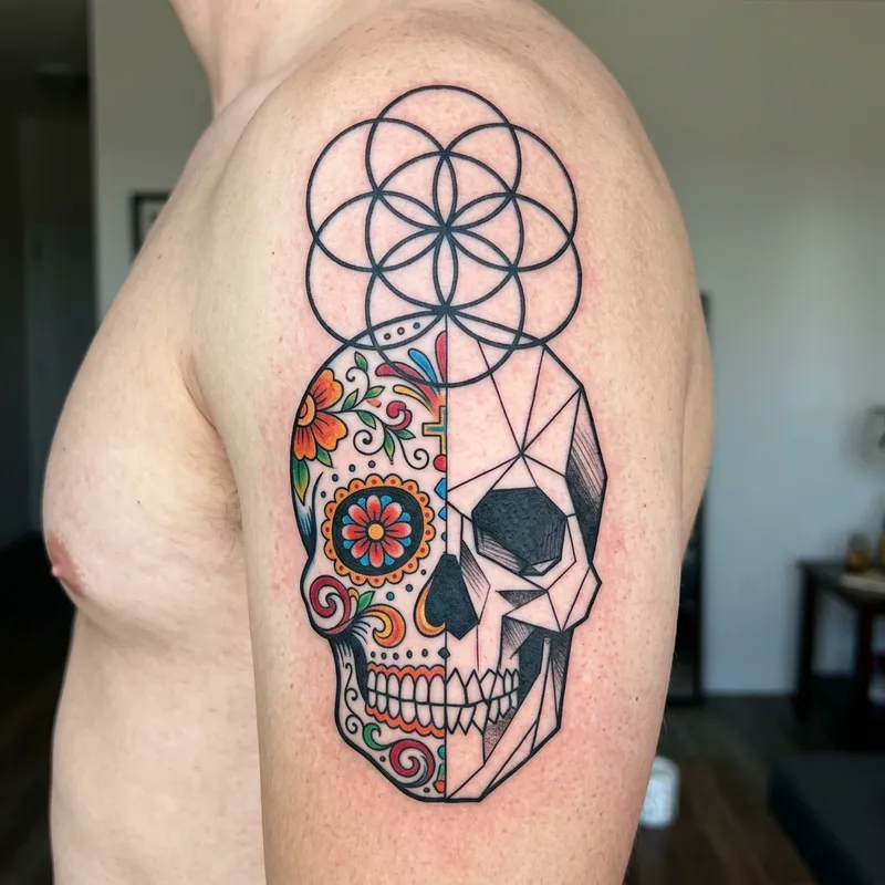 Unique Seed of Life Tattoo with Sugar Skulls Unique Seed of Life Tattoo with Sugar Skulls