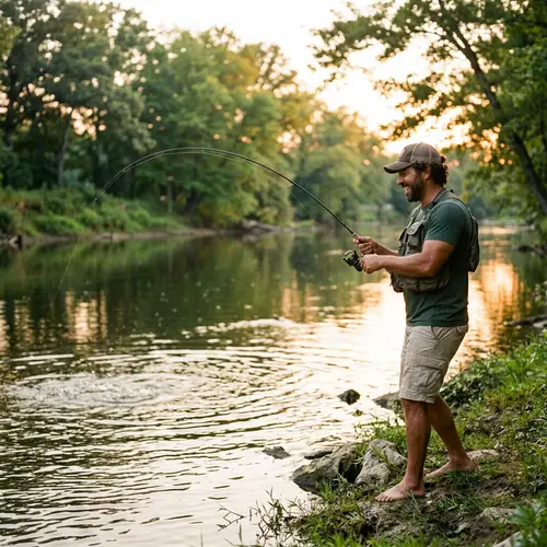 Hispanic Man Fishing by Serene River | Nature vs Man Struggle