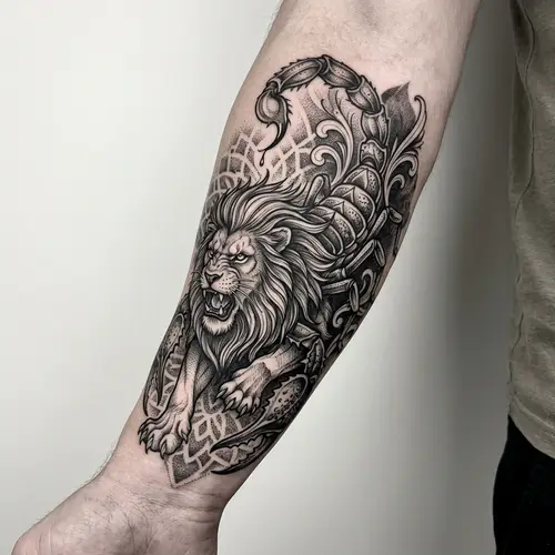 Majestic Lion and Fierce Scorpion Tattoo Design