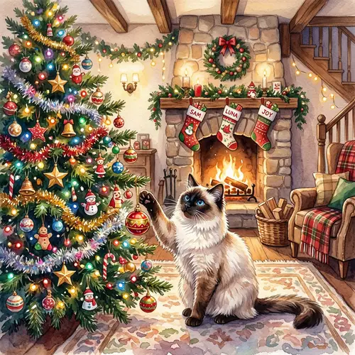 Fluffy Siamese Cat Celebrating Christmas | Festive Tree Painting