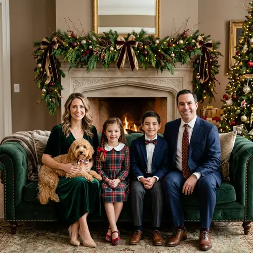 Elegant Family Holiday Portraits with Mini Golden Doodle