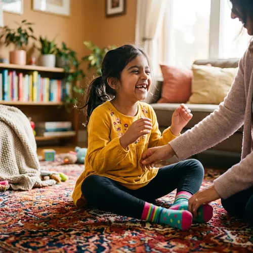 Playful Girl Giggling While Tickled on Soft Rug