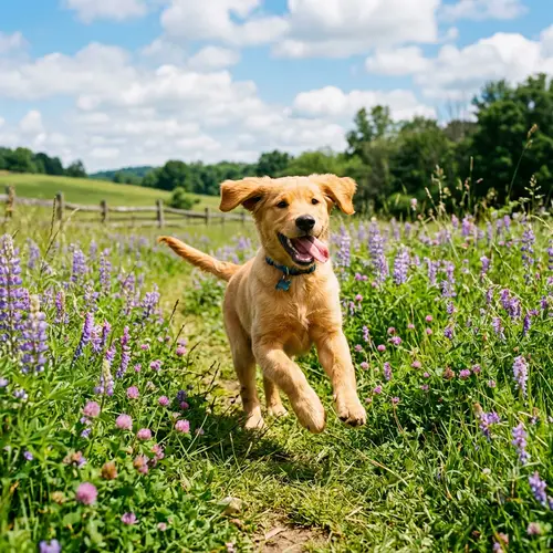 Playful Golden Retriever Puppy in Green Field
