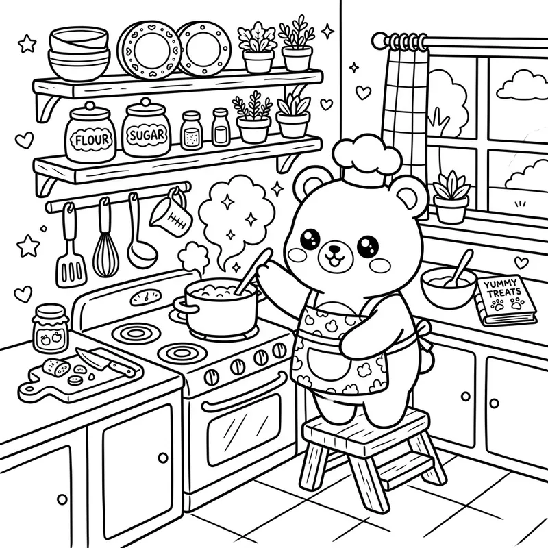 Sweet Bear Cooking in Cozy Kitchen Coloring Book