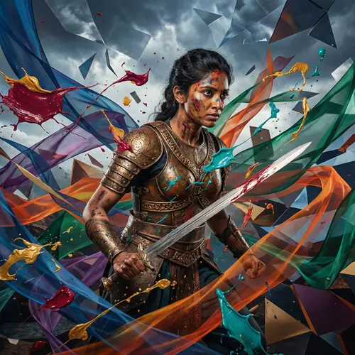 Intense Battle-Hardened Warrior in Abstract Landscape