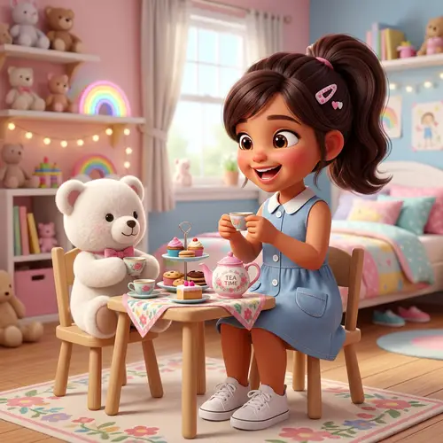 Anime 3D Digital Drawing of 7-Year-Old Girl Tea Party Scene