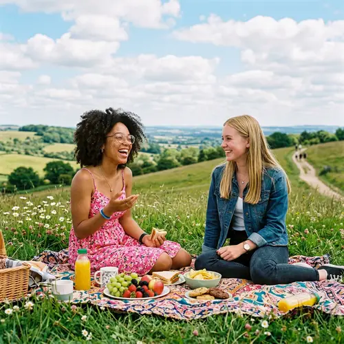 Heartwarming Friendship Scene on Grass Hill