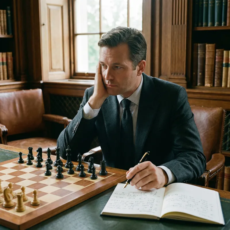 Sophisticated Sicilian Defense Chess Player in Contemplative Pose