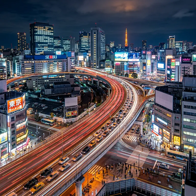 Vibrant Urban Street Photography of Congested Cityscape with Light Trails