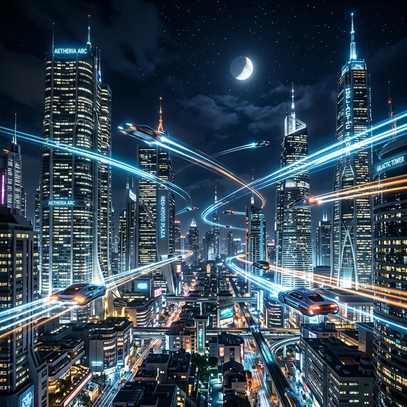Futuristic Cityscape at Night: Skyscrapers, Flying Cars & Starlit Windows Futuristic Cityscape at Night: Skyscrapers, Flying Cars & Starlit Windows