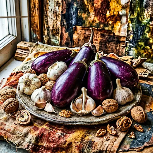 Eggplants with Garlic and Walnuts: Abstract Still Life