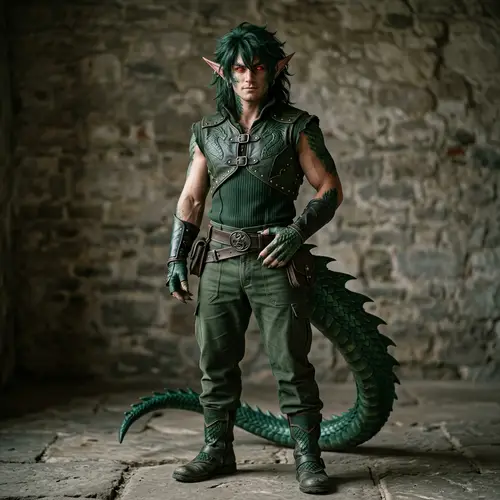 Dark Green Hair Male with Red Eyes and Dragon Tail